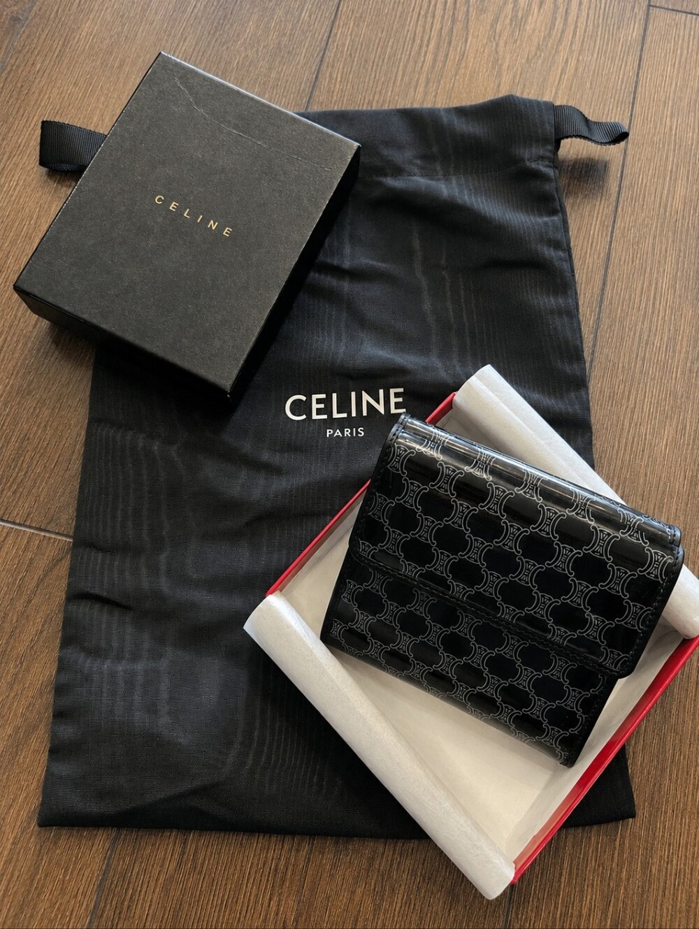 CELINE Portafogli Macadam Blasone Patent Leather Wallet Trifold + Box & Dustbag